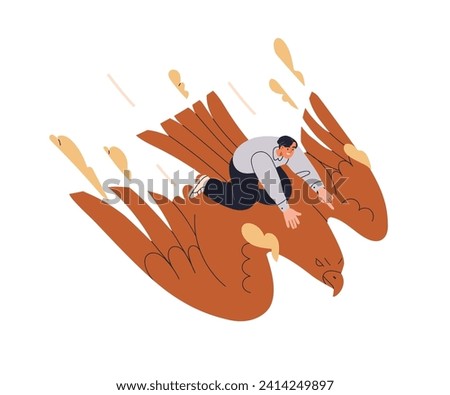 Man flying on birds back. Tiny person riding eagle. Flight in fantasy, fiction, imagination, fairy dream. Happy character showing aim, direction. Flat vector illustration isolated on white background