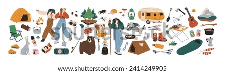 Camping and hiking equipment, supplies set. Adventure, trekking kit, tourists tools. Tent, backpack, picnic table, food, guitar, camera and fire. Flat vector illustrations isolated on white background