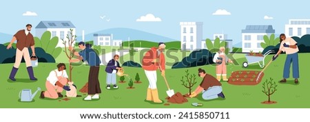 People planting trees in city park, garden, farm. Eco volunteers team, happy adults and kids work outside in nature together for ecology and environment conservation. Flat vector illustration