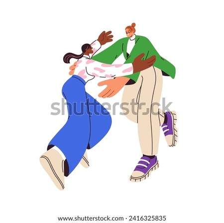 Happy meeting. Excited girls friends running to hug, embrace, greeting. Women glad to see each other. Reunion, reconciliation concept. Flat graphic vector illustration isolated on white background