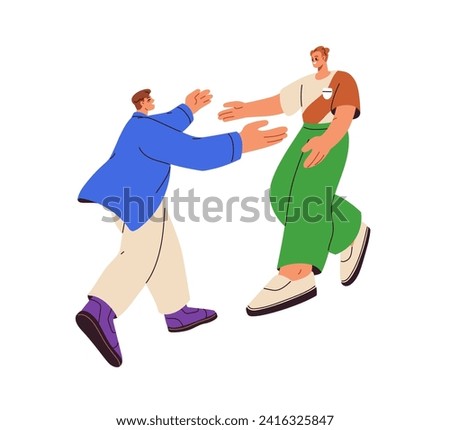 Happy excited men meeting, greeting with joy. Reunion concept. Young male characters, brothers going toward each other, hugging, glad to see. Flat vector illustration isolated on white background