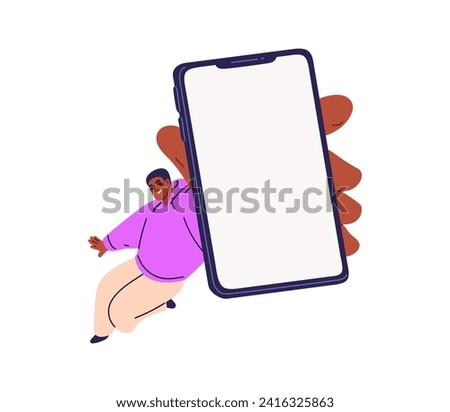 Happy man holding mobile phone screen. Person showing smartphone, cellphone mockup in hand. Young smiling guy advertising blank cell display. Flat vector illustration isolated on white background