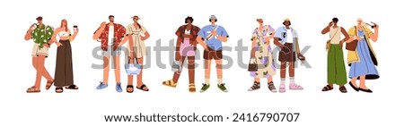 Modern couples wearing casual summer outfits, fashion clothes in trendy style. Stylish men and women in shorts, shirts, dresses and sandals. Flat vector illustrations isolated on white background
