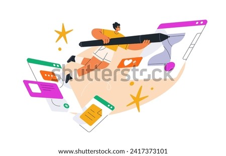 Creative designer creating digital content. Work process in UI, web interface design. Creativity and online marketing communication concept. Flat vector illustration isolated on white background
