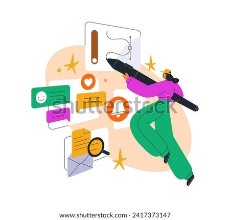 Creative marketing communication concept. Online creativity. Visual designer, creator creating design for social media, network, internet. Flat vector illustration isolated on white background