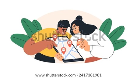 Tourists planning trip, route, itinerary on digital map. Couple marking locations in online guide with pin pointers for vacation journey. Flat graphic vector illustration isolated on white background