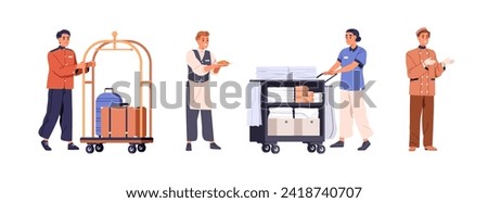 Hotel service workers, staff set. Bellboy with baggage, luggage on cart, waiter serving, maid with laundry on trolley, porter, doorman in uniform. Flat vector illustration isolated on white background