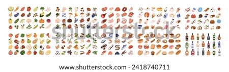 Food icons set. Groceries, nutritions, big bundle. Dairy products, fruits, vegetables, meat, fish, seafood, bakery and bread, alcohol drinks. Flat vector illustrations isolated on white background