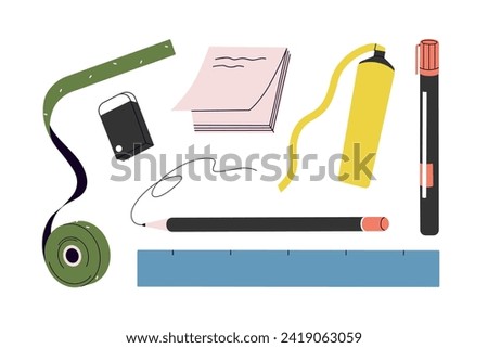 Stationery set. Memo paper note, measuring tape, eraser, pencil, text highlighter, felt-tip pen, ruler. Office and school supplies, marker, liner. Flat vector illustration isolated on white background