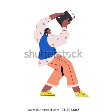 Deleting with eraser. Happy man character holding big rubber in hand, erasing, scrubbing, wiping off, cleaning, removing something. Flat vector illustration isolated on white background