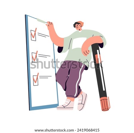 Ticking checkboxes in check list. Man marking tasks done and completed in checklist on clipboard. Person and paper survey, questionnaire form. Flat vector illustration isolated on white background