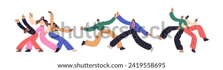 Happy best friends set. Young excited characters having fun, dancing, hugging, high five. Joyful people, men and women. Friendship concept. Flat vector illustrations isolated on white background