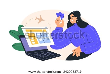 Tourist buying air flight tickets online. Aircraft, airplane checkin, boarding pass through internet. Woman booking plane trip, travel. Flat graphic vector illustration isolated on white background.