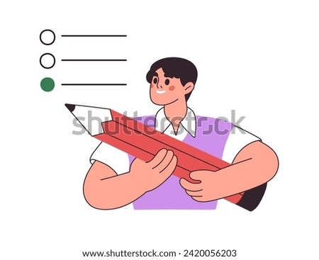 Student choosing, marking correct answer in test. Learner with pencil at school exam, academic examination. Study, education, knowledge concept. Flat vector illustration isolated on white background.