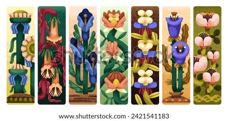 Floral bookmarks set. Botanical book marks designs, abstract flowers, leaf. Modern spring and summer flora, garden, blossomed blooms, vertical decorative cards for pages. Flat vector illustration