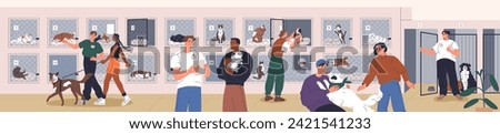 Volunteers and pets at animal shelter. People caring, helping, rescuing, adopting homeless and lost dogs, cats from voluntary house. Owners finding feline, canine in cages. Flat vector illustration