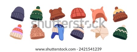 Winter hats set. Modern wool caps. Fashion head accessories, warm wearing for cold weather. Knitted beanies, woolen knitwear in trendy style. Flat vector illustrations isolated on white background