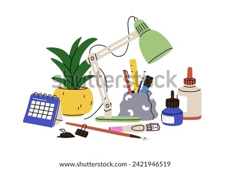 Stationery tools, accessories at workplace. School table supplies composition. Desk lamp, calendar, pens, potted plant in disorder, chaos, mess. Flat vector illustration isolated on white background