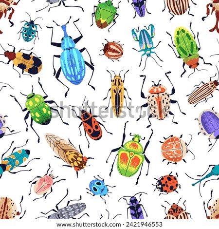 Beetles, seamless pattern. Bugs, colorful endless nature background. Summer fauna species, repeating print. Texture design for textile, fabric, wrapping, wallpaper. Printable flat vector illustration