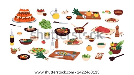 Food, dishes, culinary set. Meat, fish and vegetable meals, cake, dessert, cooking process. Oils, spices, condiments, restaurant eating bundle. Flat vector illustrations isolated on white background