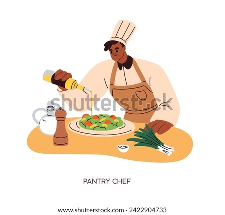 Pantry chef garnishing appetizer with oil. Professional cook serving starter, cold dish, restaurant food. Kitchen worker cooking vegetarian salad. Flat vector illustration isolated on white background