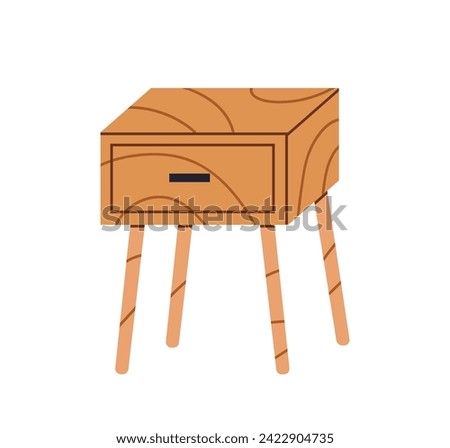 Wooden nightstand. Wood nigh stand, bedside table icon. Hardwood furniture, woodwork with drawer and legs in modern trendy retro style. Flat graphic vector illustration isolated on white background