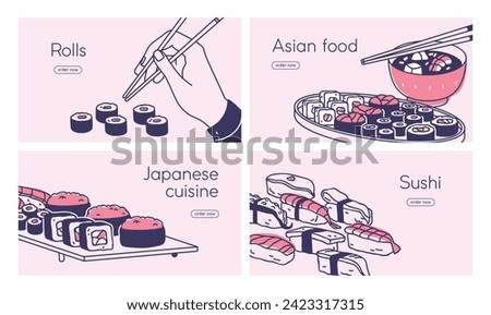 Asian food, Sushi bar, Japan restaurant, web banners designs set. Japanese cafe, eating, dishes, websites, pages background templates with susi, rolls, soup, chopsticks. Flat vector illustrations