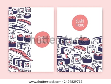 Japanese sushi, menu cover design. Japan food, Asian restaurant, vertical backgrounds, templates. Maki and rolls bar, oriental eastern susi posters, cards for typography. Flat vector illustration