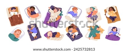 Child sleeping in bed set. Calm kids asleep, lying and dreaming at night. Cute little boys and girls, sweet children relaxing on pillows. Flat graphic vector illustrations isolated on white background