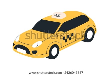 Taxi car. Passenger auto transport. Yellow cab, automobile, city ride service. Classic taxicab with sign on roof. Urban road motor vehicle. Flat vector illustration isolated on white background