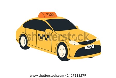 Taxi car. Taxicab, yellow passenger auto transport. Classic cab automobile, city motor vehicle with sign on roof. Urban road service. Flat vector illustration isolated on white background