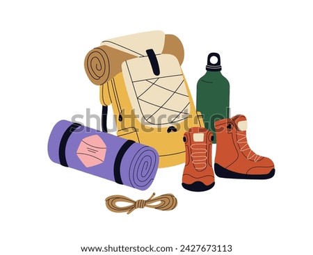 Hiking backpack, water bottle, equipment. Camping rucksack, travel luggage, accessories. Tourists pack, trekking boots, sleeping mat. Flat graphic vector illustration isolated on white background