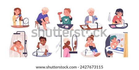 Kids hygiene routine set. Children, girls and boys washing hands with soap, taking shower and bath, clean face, brushing teeth in bathroom. Flat vector illustrations isolated on white background