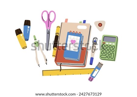 Stationery supplies. Notebook, notepad, calculator, ruler, school accessories, items. Sketchbook, note book, diary, stationary tools composition. Flat vector illustration isolated on white background