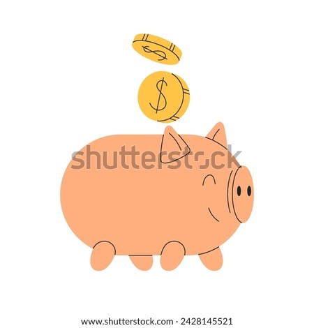 Saving money with pig bank, piggy box. Putting coins, cash into piggybank, moneybox for future. Finance, deposit, capital and budget concept. Flat vector illustration isolated on white background
