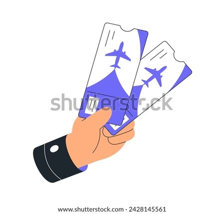 Two air flight tickets, boarding passes in hand. Tourist, passenger holding checkin papers for airline, airplane travel, showing for checking. Flat vector illustration isolated on white background