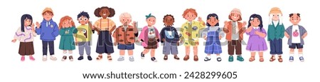 Diverse kids with different appearance features. Happy unique children with peculiar complexion. Boys and girls with braces, freckles, vitiligo. Flat vector illustration isolated on white background