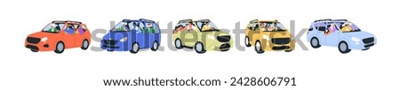 Families in car travel set. Happy people in road trip, vacation adventure, journey. Men, women, kids driving, riding auto transport together. Flat vector illustrations isolated on white background