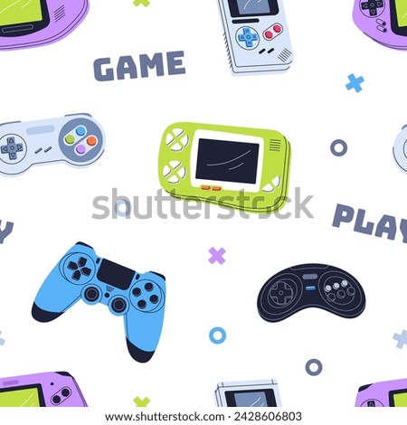 Game consoles, joysticks, seamless pattern design. 90s gamepads, play stations, controllers, endless background, repeating print in retro style. Printable flat vector illustration for textile