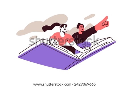 Happy characters flying on fantasy book. Imagination, dream, fiction literature adventure, creativity concept. Excited readers couple. Flat graphic vector illustration isolated on white background