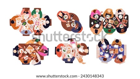 People at table, sitting and eating together, top view. Families, friends gathering, meeting for dinner, meal, food at home, restaurants set. Flat vector illustrations isolated on white background