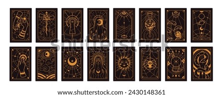 Tarot cards set. Magic mystic deck design, arcanas. Sacred esoteric symbols, occult celestial spiritual signs, patterns. Divination taro pack with sun, moon, eye. Flat graphic vector illustrations