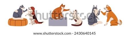 Cute dogs and cats giving high five with paws. Funny pets friends greeting with clap gesture, saying hi. Happy canine and feline animals. Flat graphic vector illustration isolated on white background