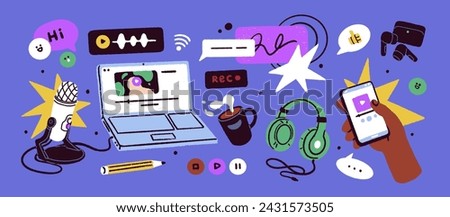 Podcast, music recording set. Mic, laptop, headphones. Microphone, earphones, sound equipment, play button, broadcast items, online audio content, phone app. Isolated flat graphic vector illustrations