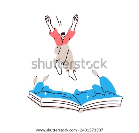Reader diving into book, knowledge ocean, information sea. Character jumping into fiction literature. Imagination, education concept. Flat graphic vector illustration isolated on white background