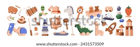 Wooden toys set. Wood blocks for childs play, montessori games, sorters for preschool kids, baby game. Kindergarten, nursery horse, rattle, doll. Flat vector illustrations isolated on white background