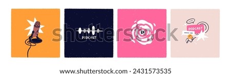 Podcast cover backgrounds set. Audio broadcast, modern square-shaped card designs, social media posts collection with microphone, mic, play, sound track, records. Trendy flat vector illustrations