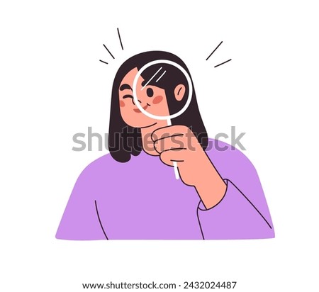 Eye looking through magnifying glass. Search, research concept. Student character finding with lens, loupe, checking, analyzing, studying. Flat graphic vector illustration isolated on white background