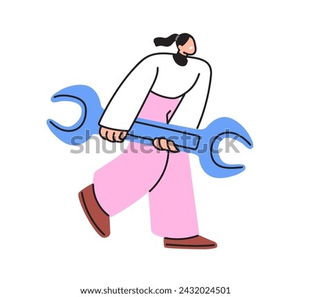 Tiny woman carrying big wrench, spanner, huge tool. Repair person, mechanic, engineer fixing, mending. Technical service concept. Flat graphic vector illustration isolated on white background