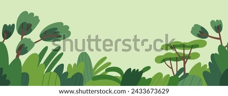 Green forest, summer trees and shrubs, eco banner design. Spring nature, woods background with leaf plants, bushes in modern style. Woodland, park, environment backdrop. Flat vector illustration